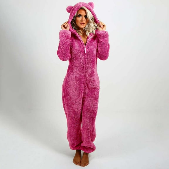 Texiao Chritsmas Women's Artificial Wool Long Sleeve Pajamas Casual Solid Color Zipper Loose Hooded Jumpsuit Pajamas Casual Winter Warm Rompe Cute Ears Sleepwear