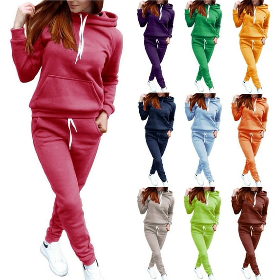 Texiao Comfort Sweatsuits for Women,Women's Solid Fleece Hooded Sports Sweatshirt Set