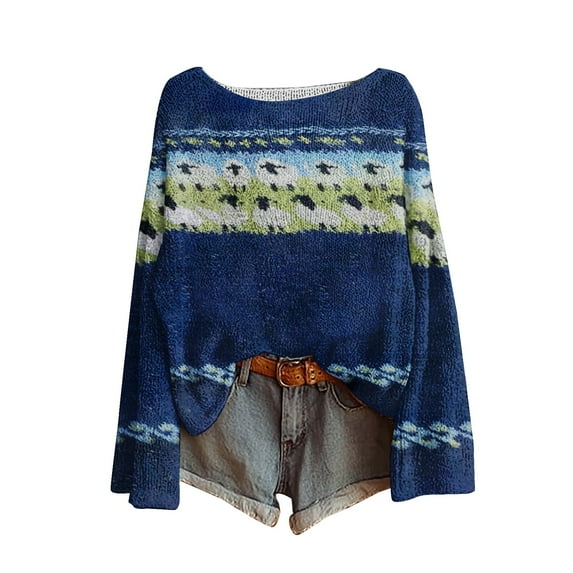 Texiao Cozy Sweaters for Women,Women's Winter Warm Art Print Crewneck Long Sleeve Knit Sweater