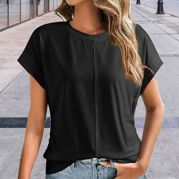 Texiao Spring Tops for Women 2025 Round Neck Cap Sleeve Side Ruched Summer Tops for Women Trendy Women Clothing