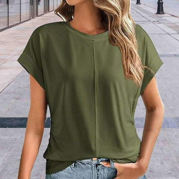 Texiao Spring Tops for Women 2025 Round Neck Cap Sleeve Side Ruched Summer Tops for Women Trendy Women Clothing