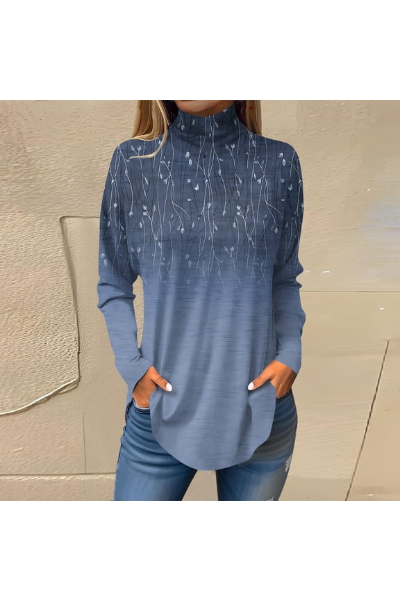 Tops for Women Trendy Long Sleeve Fall Blouses Printed Turtleneck Top Loose Winter Shirts Cozy Lightweight T Shirts