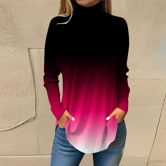 Texiao Tops for Women Trendy Long Sleeve Fall Blouses Printed Turtleneck Top Loose Winter Shirts Cozy Lightweight T Shirts