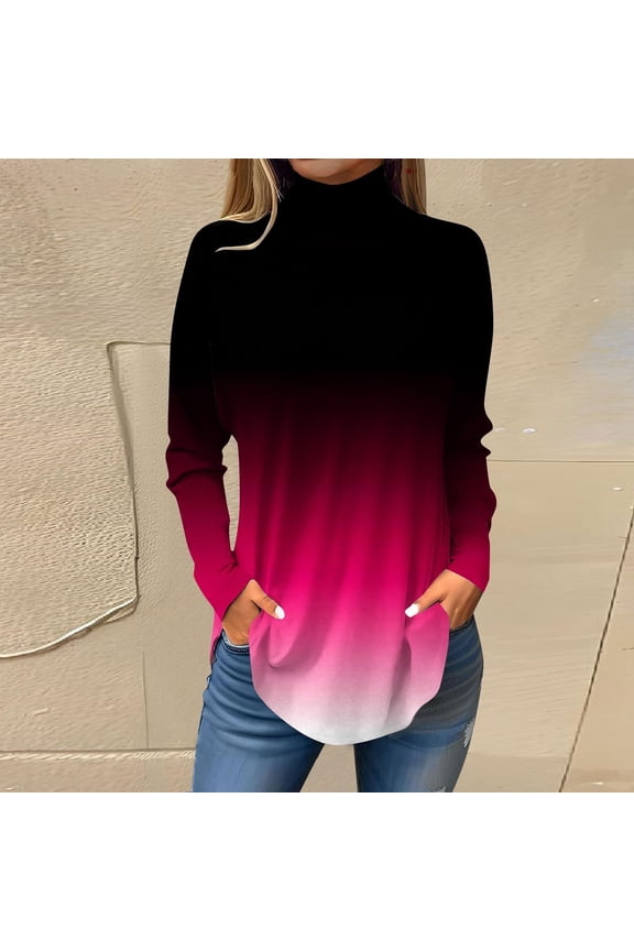 Tops for Women Trendy Long Sleeve Fall Blouses Printed Turtleneck Top Loose Winter Shirts Cozy Lightweight T Shirts