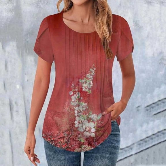 Texiao Tops for Women Trendy Petal Sleeves Pleated Crewneck Tunic Blouses Cute Floral Gradient Graphic Tees Summer Shirts