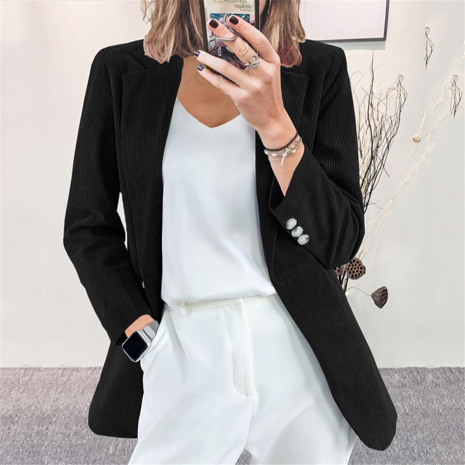Texiao Wide Neck Plus Size Tops For Women, Black Plus Size Jackets For Women, Women's Autumn and Winter Corduroy Cardigan Temperament Slim Solid Color Leisure Occupation Small Suit Jacket