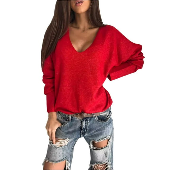 Texiao Winter Sweaters for Women,Women's 2025 V Neck Loose Long Sleeve Warm Soft Wool Knit Pullover