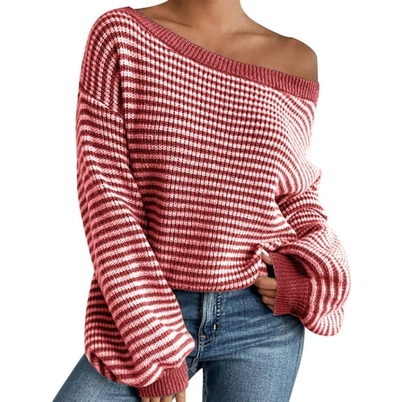 Texiao Winter Sweaters for Women,Women's Off Shoulder Long Sleeve Loose Knit Pullover Jumper Top