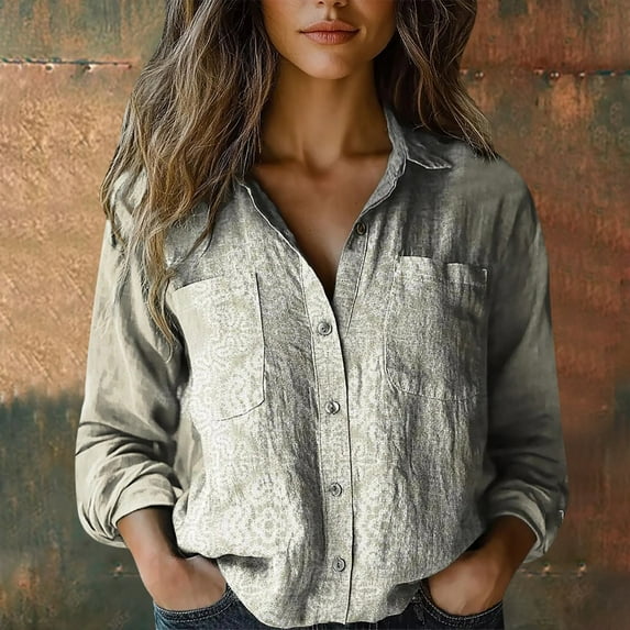 Texiao Women Cotton Shirt Printed Fashion Button Down Shirts Casual Tops Long Sleeve Blouse