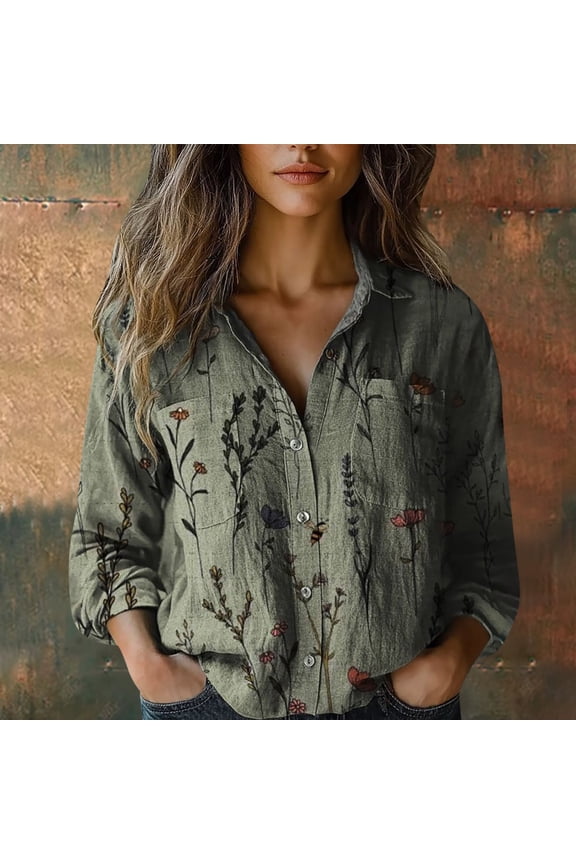 Women Cotton Shirt Printed Fashion Button Down Shirts Casual Tops Long Sleeve Blouse
