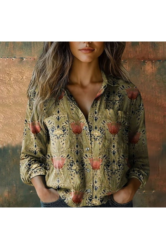 Women Cotton Shirt Printed Fashion Button Down Shirts Casual Tops Long Sleeve Blouse