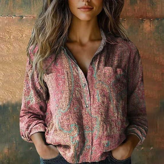 Texiao Women Cotton Shirt Printed Fashion Button Down Shirts Casual Tops Long Sleeve Blouse