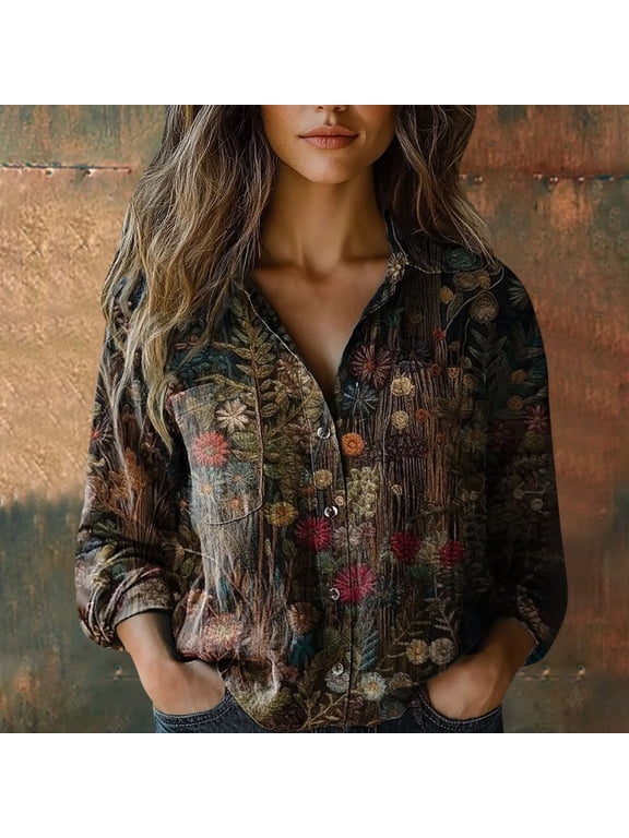 Women Cotton Shirt Printed Fashion Button Down Shirts Casual Tops Long Sleeve Blouse