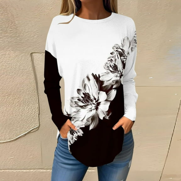 Texiao Women's 2025 Popular Printed Casual Loose Daily Round Neck Long Sleeved T Shirt