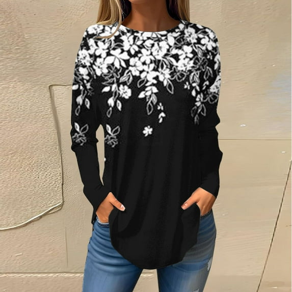 Texiao Women's 2025 Popular Printed Casual Loose Daily Round Neck Long Sleeved T Shirt