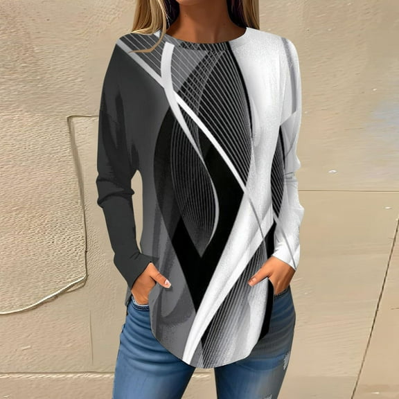 Texiao Women's 2025 Popular Printed Casual Loose Daily Round Neck Long Sleeved T Shirt