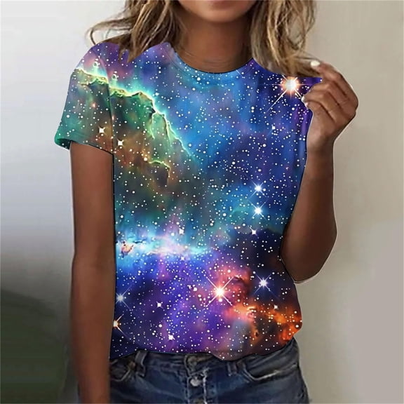 Texiao Women's 3D Galaxy Print T Shirts Glitter Shirts Blouse Fashionable Starry Summer Shirts Round Neck Short Sleeve Tops for Carnival Costumes