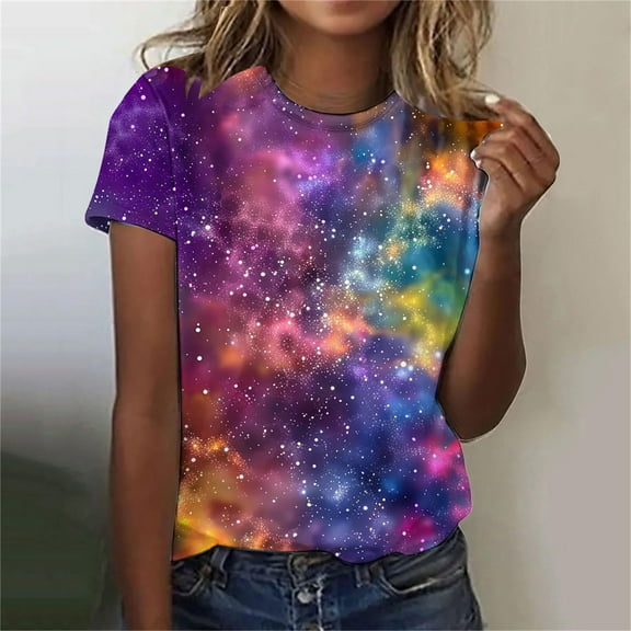 Texiao Women's 3D Galaxy Print T Shirts Glitter Shirts Blouse Fashionable Starry Summer Shirts Round Neck Short Sleeve Tops for Carnival Costumes