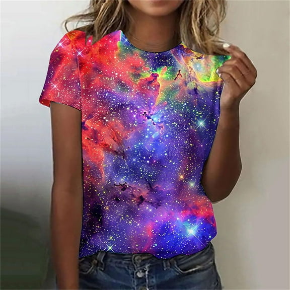 Texiao Women's 3D Galaxy Print T Shirts Glitter Shirts Blouse Fashionable Starry Summer Shirts Round Neck Short Sleeve Tops for Carnival Costumes
