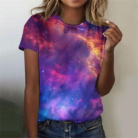 Texiao Women's 3D Galaxy Print T Shirts Glitter Shirts Blouse Fashionable Starry Summer Shirts Round Neck Short Sleeve Tops for Carnival Costumes