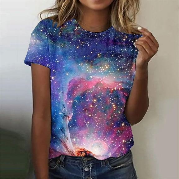 Texiao Women's 3D Galaxy Print T Shirts Glitter Shirts Blouse Fashionable Starry Summer Shirts Round Neck Short Sleeve Tops for Carnival Costumes