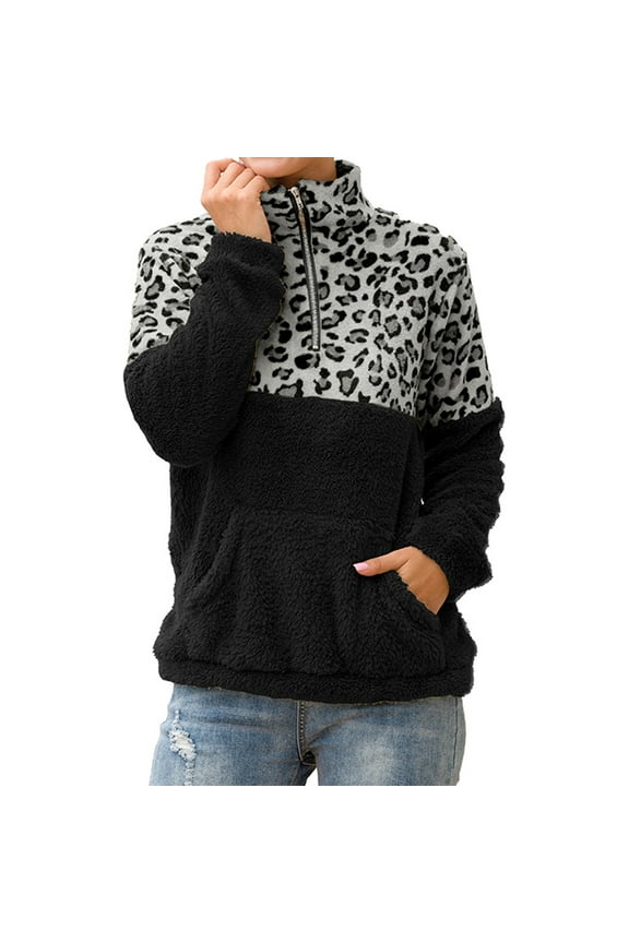 Women's Fashion Hoodies Sweatshirts,Women's Leopard Print 1/4 Zipper Collar Double Fleece Jacket With Pockets