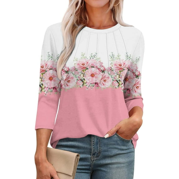 Texiao Women's Fashionable Casual Patchwork Printed Round Neck Pleated Three Quarter Sleeve Top T Shirt