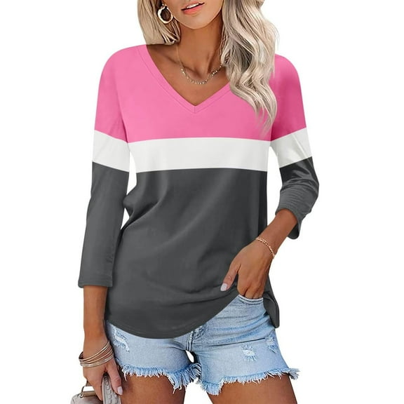 Texiao Women's V Neck 3/4 Sleeve Tops Color Block/Solid Shirts Basic Summer Tees