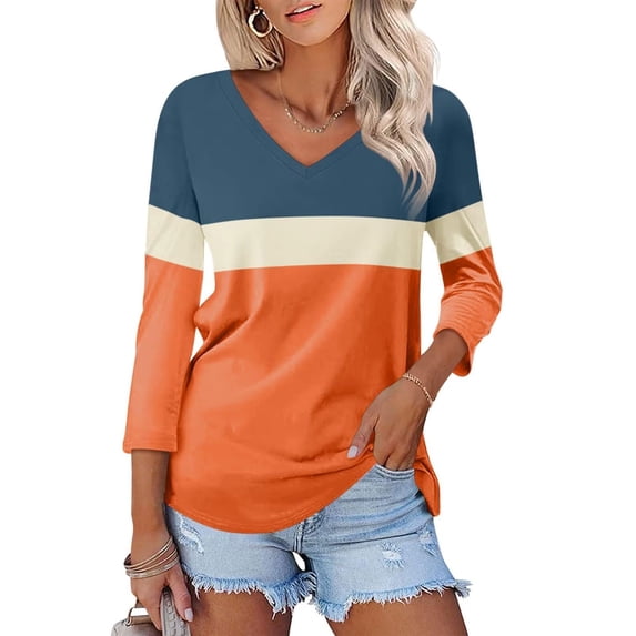 Texiao Women's V Neck 3/4 Sleeve Tops Color Block/ Shirts Basic Summer Tees