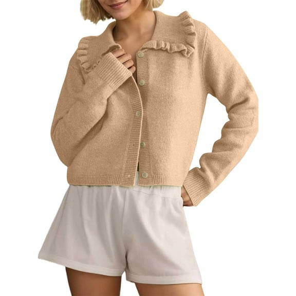 Texiao Womens Cardigan Sweaters,Women's Ruffle Collar Cropped Lapel Button Down Open Front Knit Cardigan