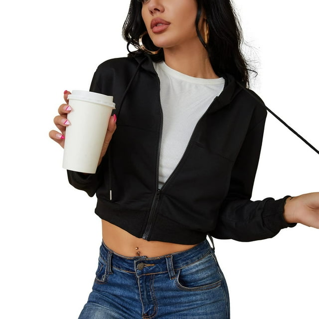 Texiao Zip Mock Neck Oversized Leather Jacket Women, Black Womens Winter Jacket, Women's Zip Up Hoodies Cropped Cardigan Jacket Drawstring Hooded Sweatshirts Casual Long Sleeve Top