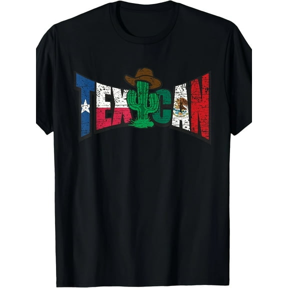 [Texican Flag Cactus Tee] Distressed Texas And Mexico Flag Letters Cactus T-Shirt - Texican