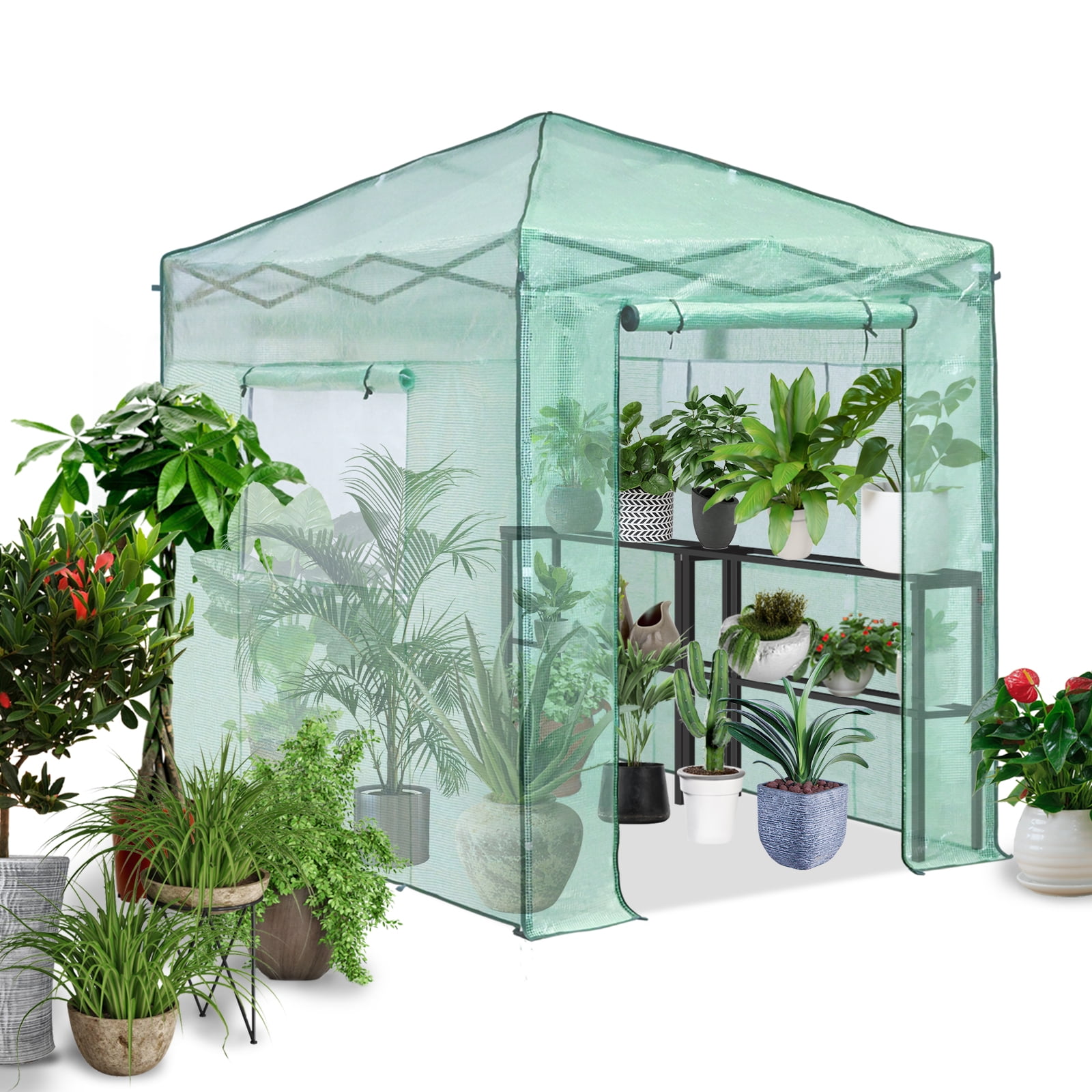 SESSLIFE Walk in Greenhouse, Portable Green House with Tiers Shelves,  Roll-up Zipper Door and PE Cover, TE2540