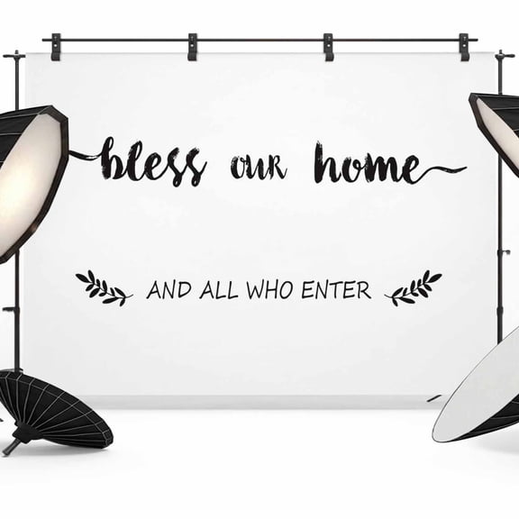 Text Bless Backdrop for Photography, Our Home and Who Enter White Backdrop Photo Backdrop Portrait Background Party Banner Photo Backgrounds for Studio Booth Props, 7x5ft