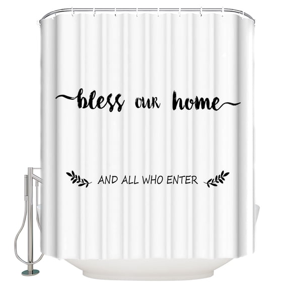 Text Bless Shower Curtain, 48" x 72", Our Home and Who Enter White Backdrop Waterproof Bathroom Curtain Washable Shower Curtain Set with 12 Hooks