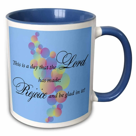 3drose, Text Design Psalm Verse 24, Colorful Pastel Circles on Blue Background, 11oz Two-tone Blue Mug