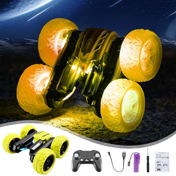 Text-Display RC Stunt Car - Sky Blue 4WD All-Terrain, LED Message Wheels & 360° Flips - USB Rechargeable Gift Set Age 4-8 Yellow