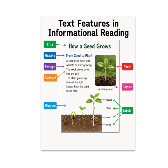 Text Features in Informational Reading - Language Arts Classroom - 13x19 Poster Print