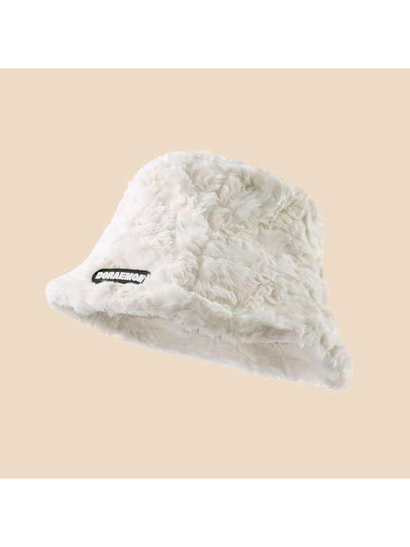 Text Label Plush Bucket Hat JIANLAI Fluffy Faux Fur Short Brim Fisherman Cap Soft Thermal Winter Accessory Street Fashion Staple for Shopping and Urban Leisure