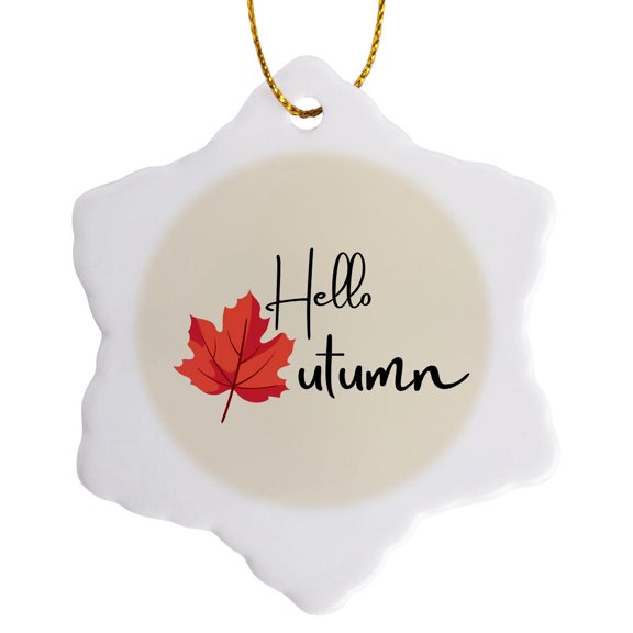 3drose, Text of Hello Autumn with Leaf Icon, 3 inch Snowflake Porcelain Ornament