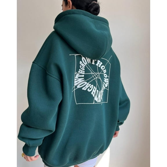 Text Printed Casual Long Sleeve Hoodie (S, DeepSeaGreen)