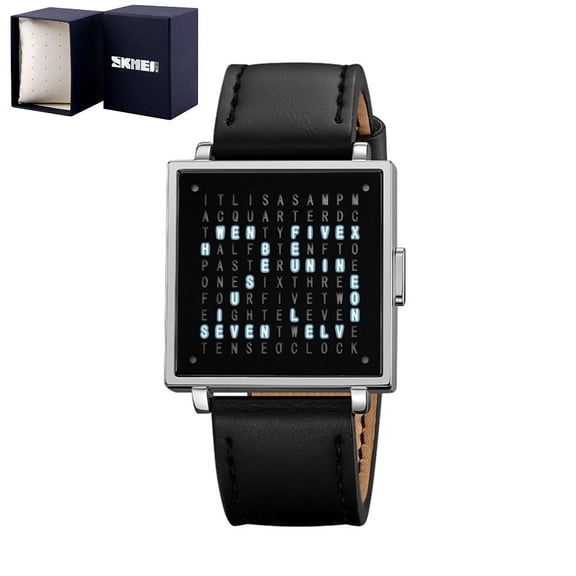 Text Word Watch For Men Women Unique LED Digital Display Zinc Alloy Case Stainless Steel Strap 30M Water Resistant