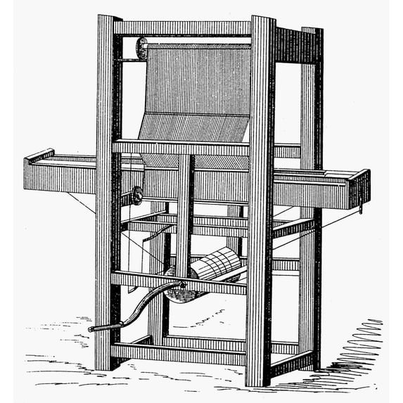 Textile Manufacture 1785. Ndr. Edmund Cartwright'S Power Loom Of 1785 With Vertical Warp. Wood Engraving 1892. Print