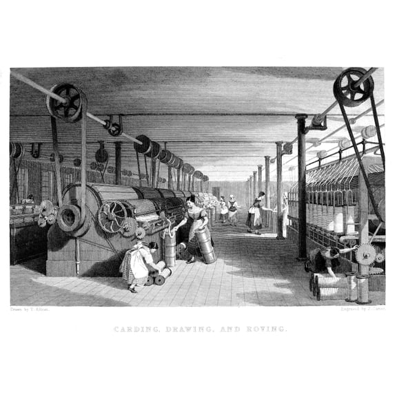 Textile Manufacture 1834. Ncarding Drawing And Roving In A Lancashire Cotton Mill. Line Engraving English 1834.
