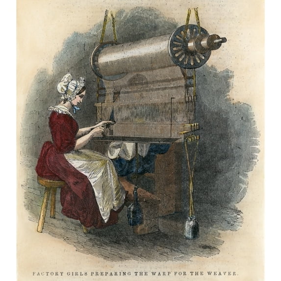 Textile Manufacture 1841. Nmassachusetts Mill-Girl Preparing The Warp For The Weaver. Wood Engraving From An American