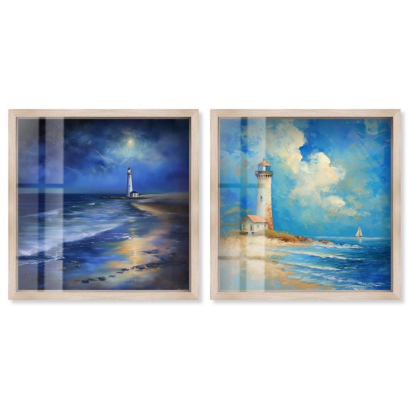 Textile Nature Indigo and Beige Pair Shadowbox Print Abstract Wall Art Set by Art Remedy, Blonde Frame, 40 x 40