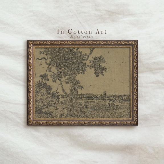 Textile Rustic Landscape Moody Brown Tree Nature Art, UNFRAMED Size 16x16