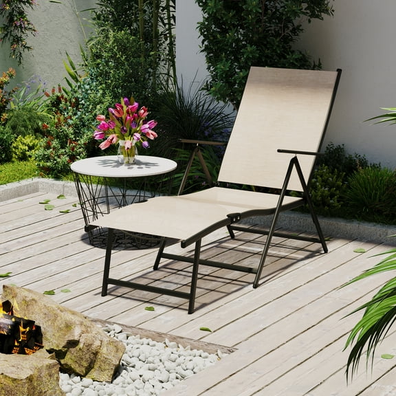 Textilene Outdoor Lounge Chaise Folding Reclining Chair with Adjustable Back Beige