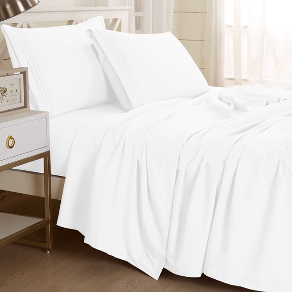 Textilia 4 Piece Queen White Bed Sheet Set- 100% Brushed Microfiber Sheets with 1500 Thread Count Wrinkle and Fade Resistant, Hypoallergenic Bedding That Fits Mattresses up to 15" Deep.