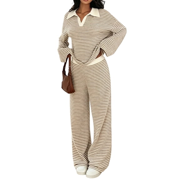 Textilo 2 Piece Lounge Sets for Women Striped Long Sleeve Collared Top and Straight Wide Leg Pants Set V-Neck Sets Fall Winter Travel Breathable Loose Casual Clothes,Khaki XS